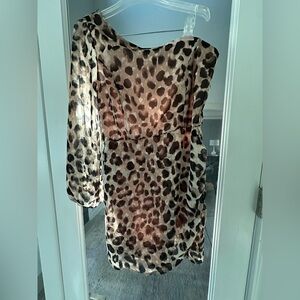 Leopard Print One-Shoulder Mini Dress | Size Medium